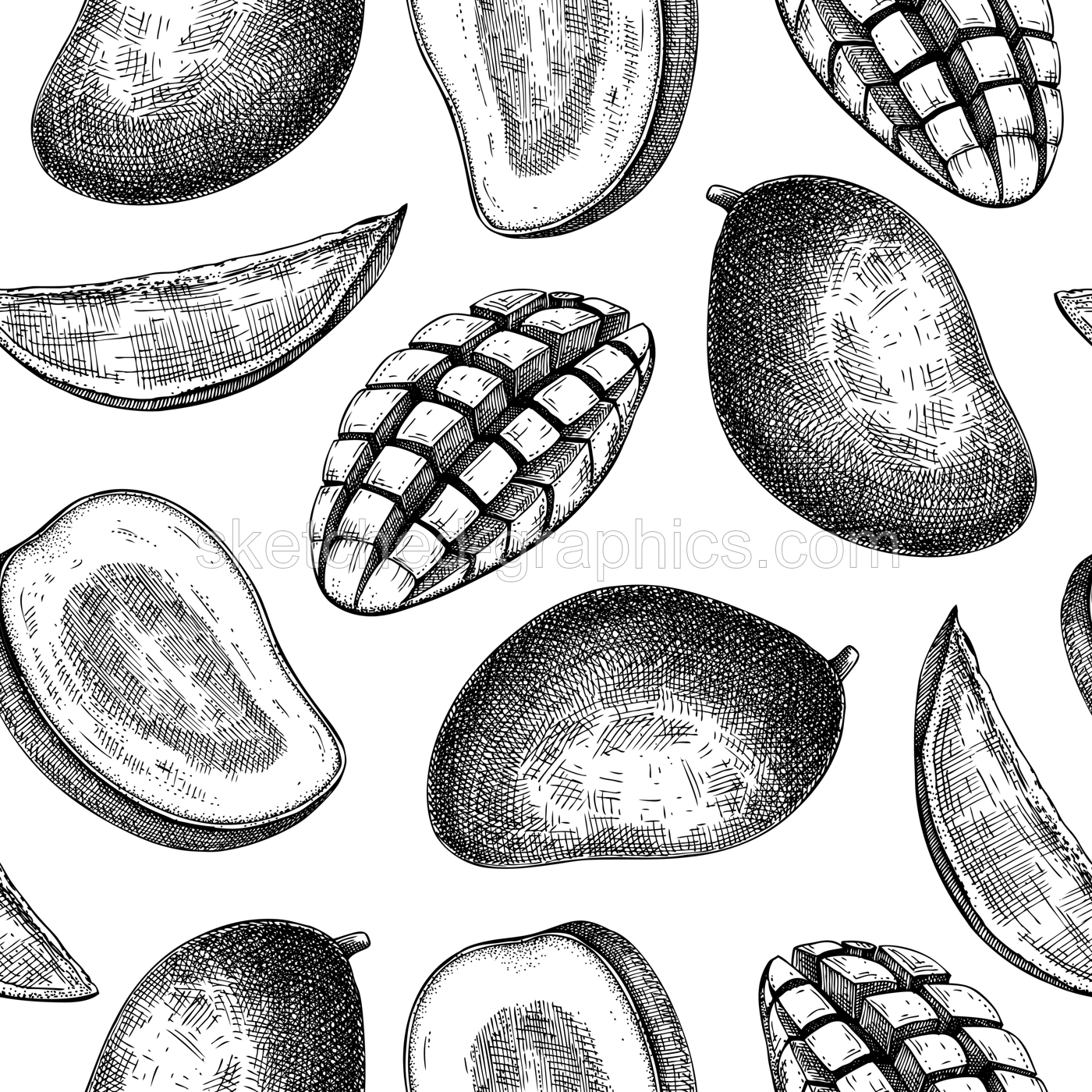 Ripe mango background. Tropical fruit seamless pattern. Hand drawn vector illustration. Exotic plant with fruit sketches. Summer food design, juice packaging, wrapping paper Illustration